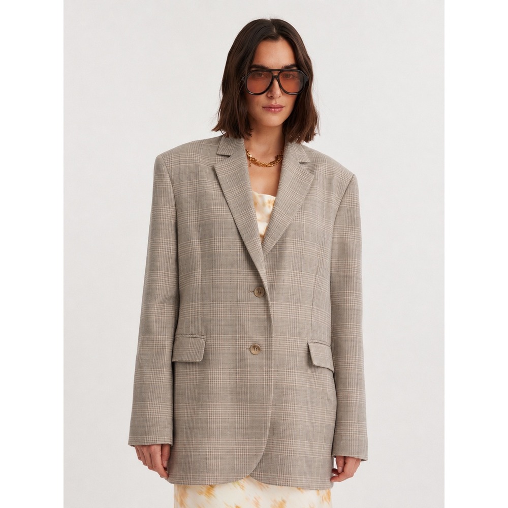 New Holzweiler Freya Oversized Blazer Beige Check Jacquard Size Medium